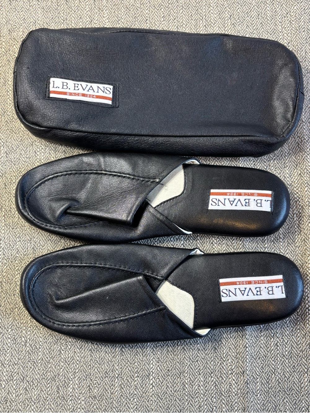 Vintage L.B. Evans Men’s Black Leather Slippers with leather travel case